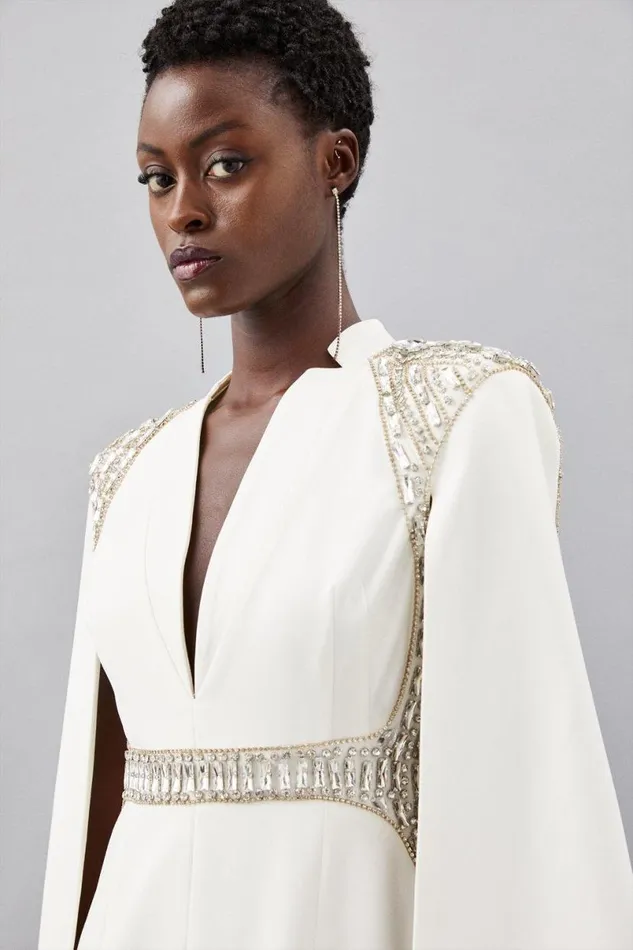 Embellished Caddy Plunge Cape Sleeve Woven Midi Dress Ivory Women Karen Millen Dresses