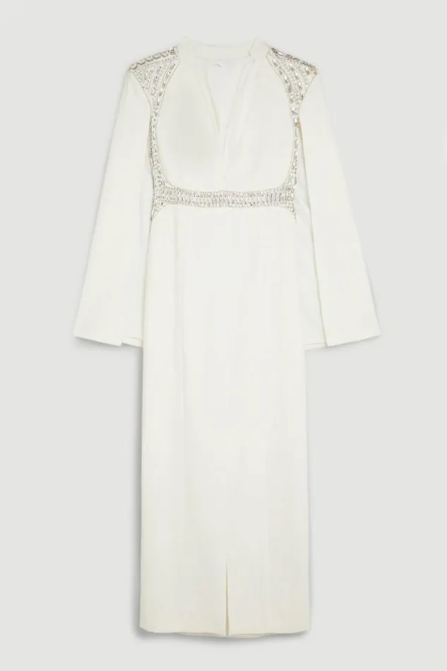 Embellished Caddy Plunge Cape Sleeve Woven Midi Dress Ivory Women Karen Millen Dresses