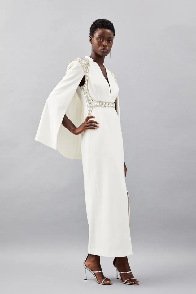 Embellished Caddy Plunge Cape Sleeve Woven Midi Dress Ivory Women Karen Millen Dresses