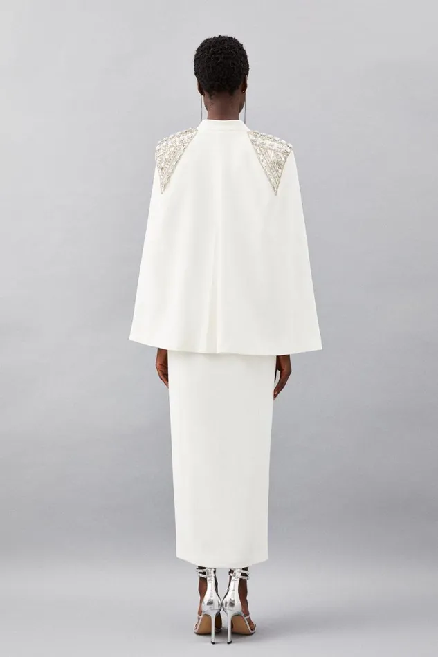 Embellished Caddy Plunge Cape Sleeve Woven Midi Dress Ivory Women Karen Millen Dresses