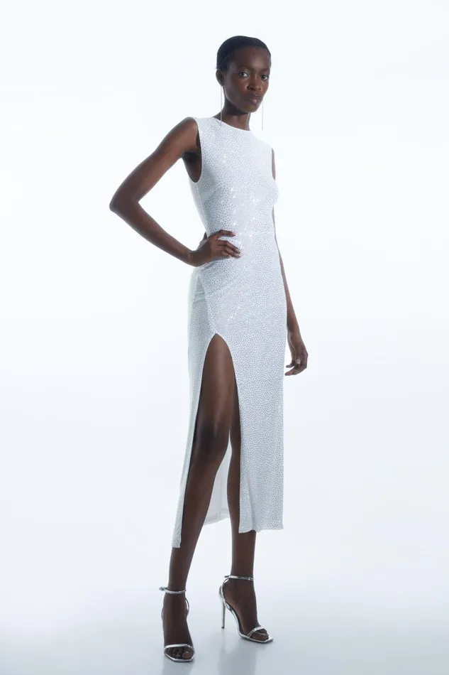 Embellished Strong Shoulder Jersey Midi Dress Ivory Women Karen Millen Dresses