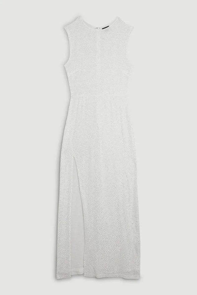 Embellished Strong Shoulder Jersey Midi Dress Ivory Women Karen Millen Dresses