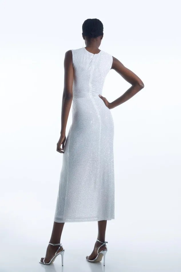 Embellished Strong Shoulder Jersey Midi Dress Ivory Women Karen Millen Dresses