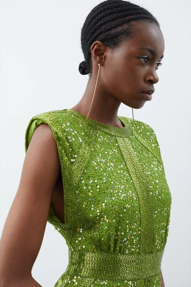 Embellished Strong Shoulder Woven Mini Dress Lime Women Karen Millen Dresses