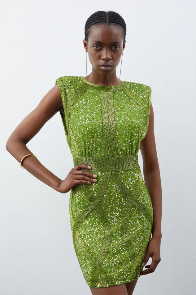 Embellished Strong Shoulder Woven Mini Dress Lime Women Karen Millen Dresses