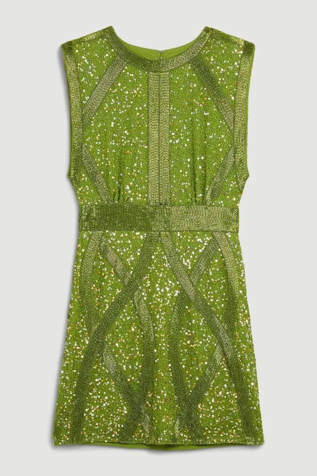 Embellished Strong Shoulder Woven Mini Dress Lime Women Karen Millen Dresses