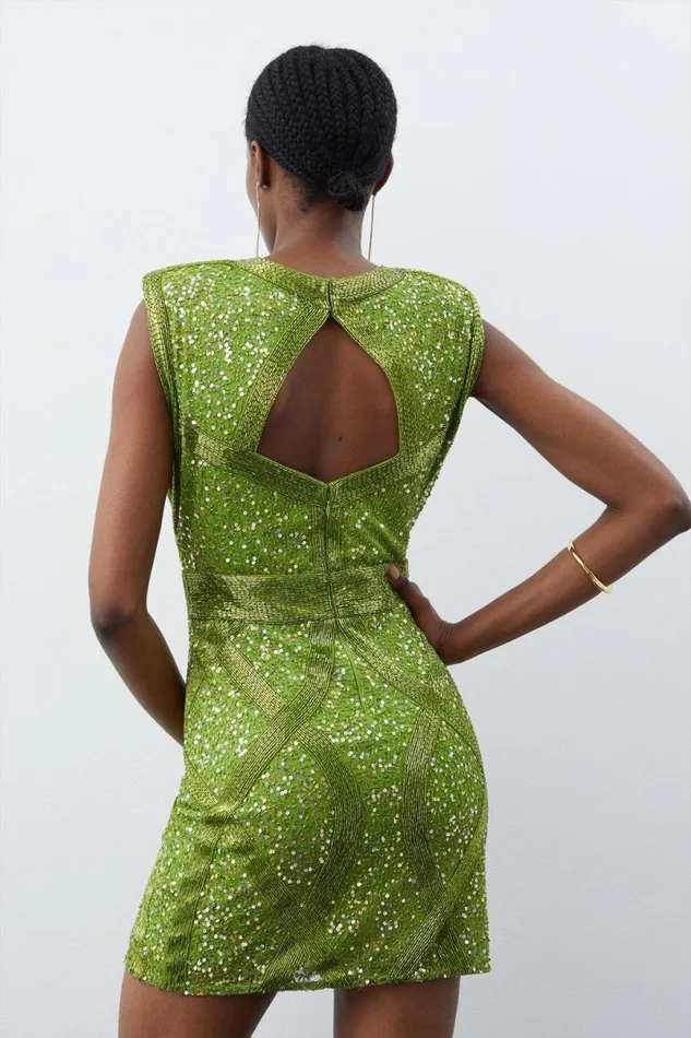 Embellished Strong Shoulder Woven Mini Dress Lime Women Karen Millen Dresses