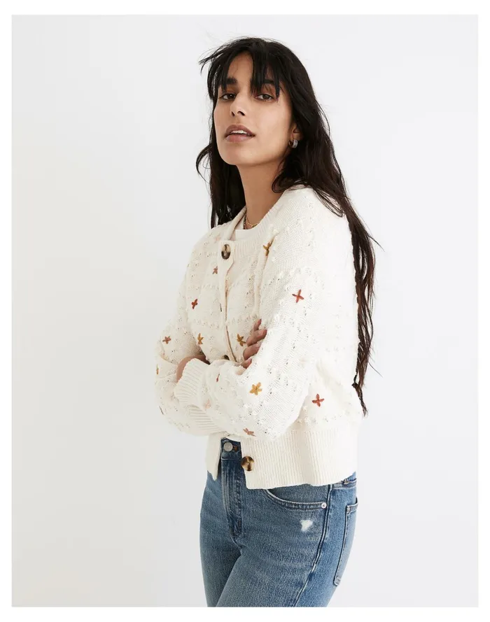 Embroidered Sandlin Cardigan Sweater Antique Cream Women Madewell Sweaters