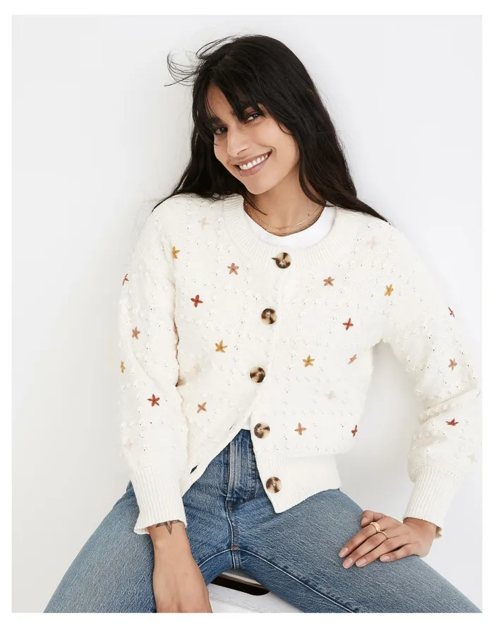 Embroidered Sandlin Cardigan Sweater Antique Cream Women Madewell Sweaters