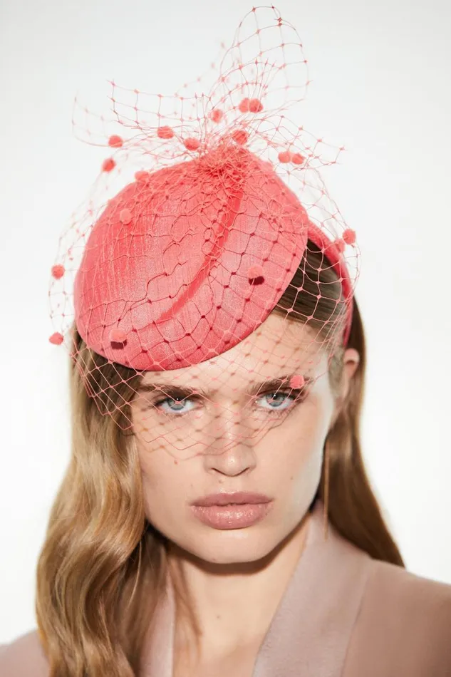 EmilyLondon Spot Veil Pillbox Hat Coral Women Karen Millen Fascinators