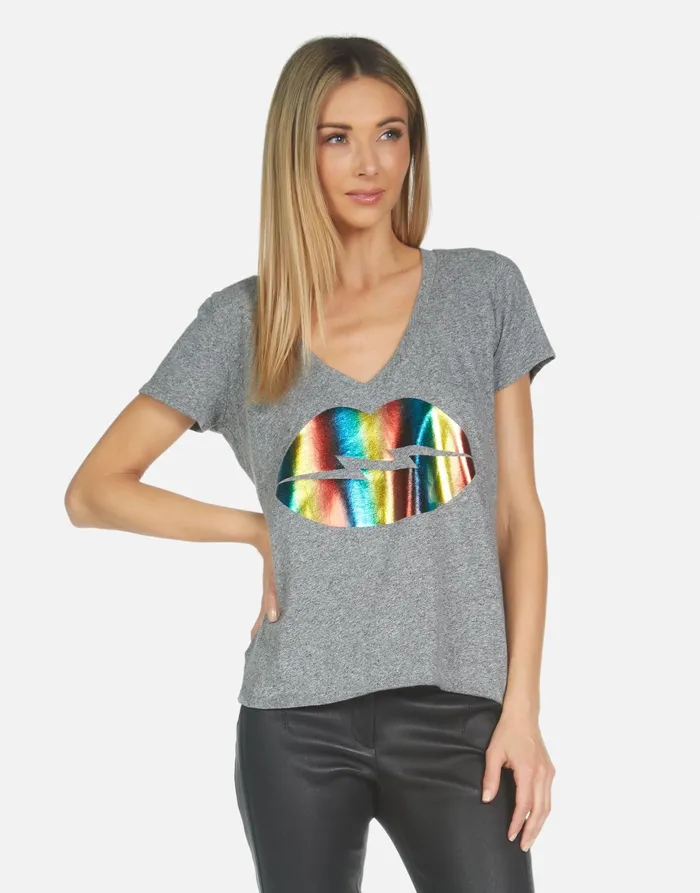 Emmalyn Rainbow Lightning Lip Heather Grey Women039s Lauren Moshi Short Sleeve Emmalyn Rainbow Lightning Lip Heather Grey Women039s Lauren Moshi Short Sleeve