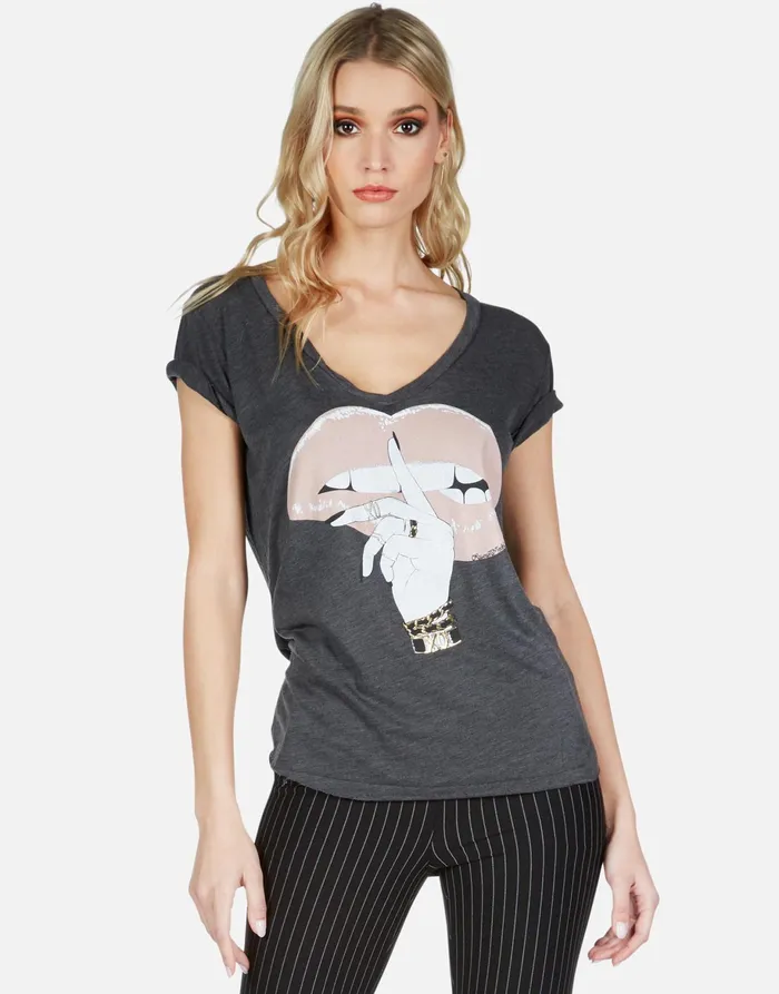 Emmalyn XO Shh Lip Dark Grey Women039s Lauren Moshi Short Sleeve