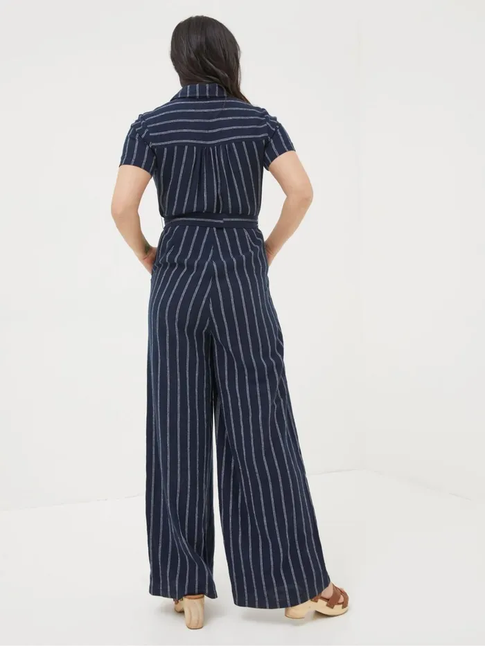 Fat Face Blue Acre Stripe Linen Blend Jumpsuit Women Jumpsuits and Playsuits