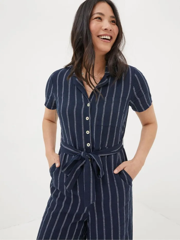 Fat Face Blue Acre Stripe Linen Blend Jumpsuit Women Jumpsuits and Playsuits