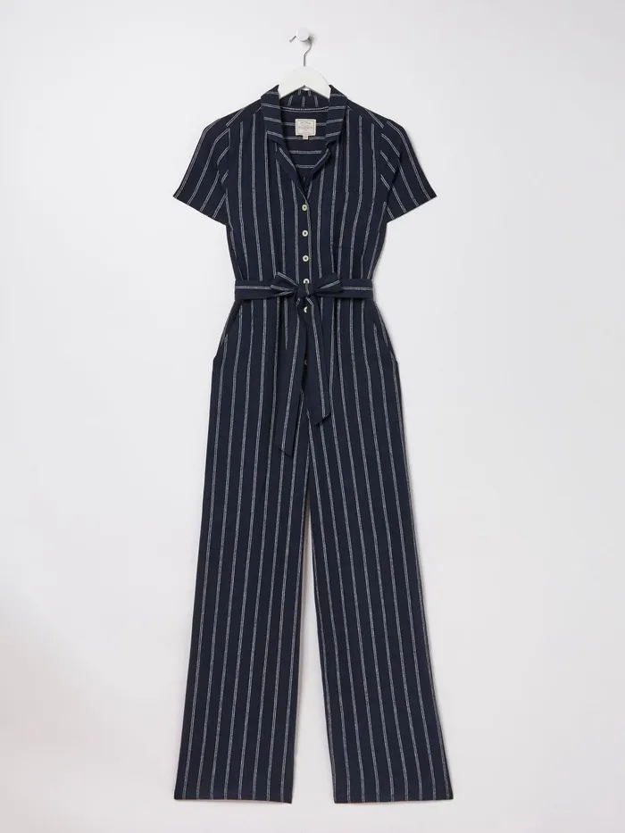 Fat Face Blue Acre Stripe Linen Blend Jumpsuit Women Jumpsuits and Playsuits