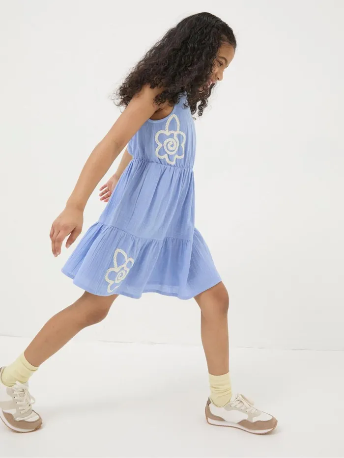 Fat Face Blue Embroidered Tiered Dress Kids Dresses