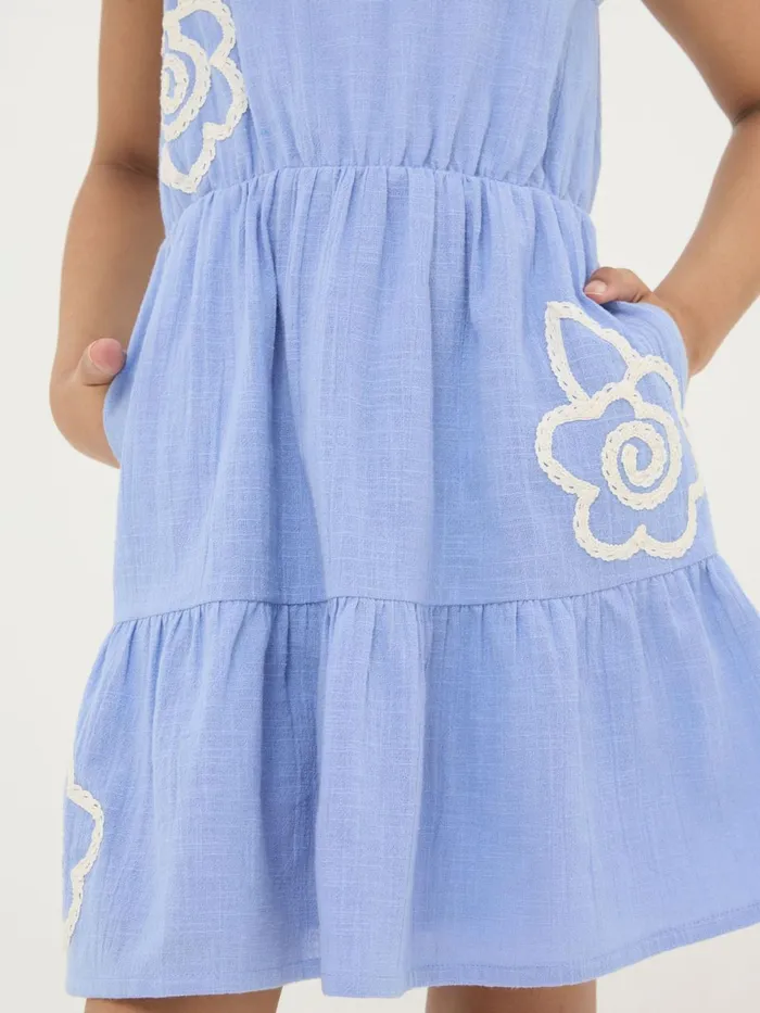 Fat Face Blue Embroidered Tiered Dress Kids Dresses