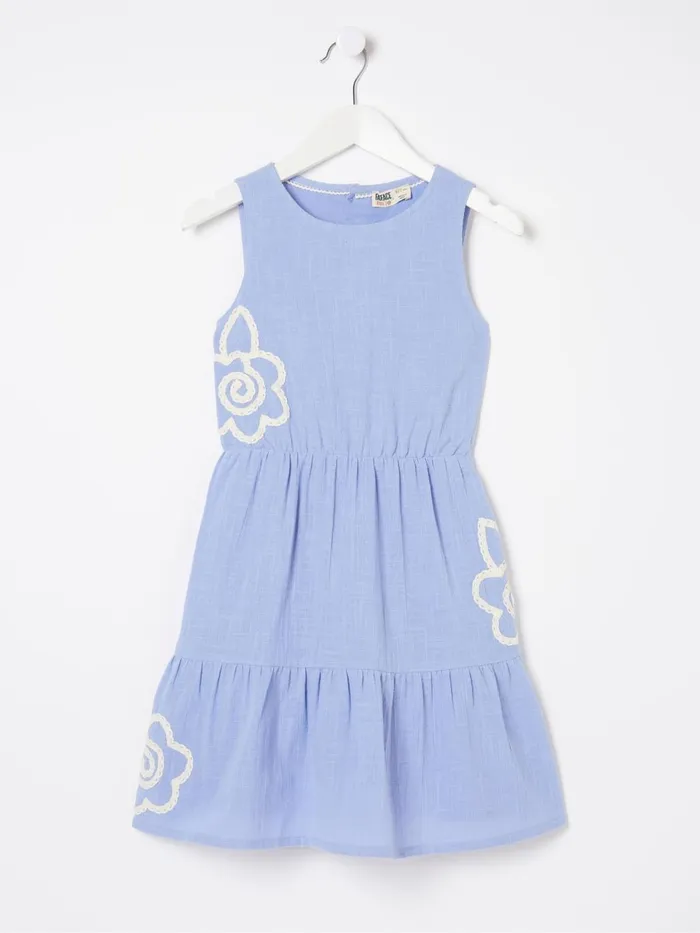 Fat Face Blue Embroidered Tiered Dress Kids Dresses