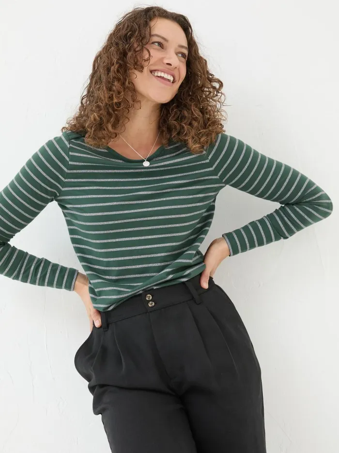 Fat Face Dark Teal Sparkle Breton TShirt Women Tops and TShirts