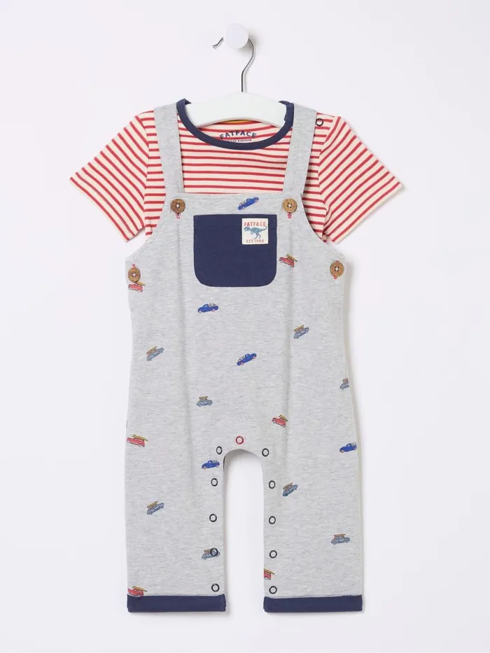 Fat Face Grey Car Printed Jersey Dungarees Set Kids Jumpsuits and Playsuits