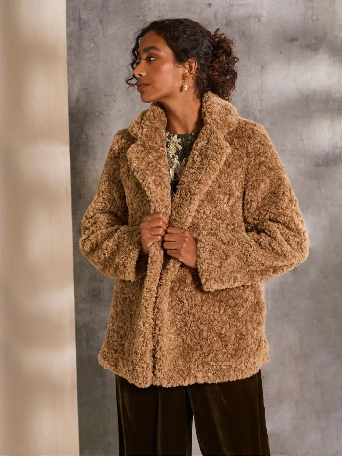 Fat Face Maggie Natural Short Teddy Coat Women Coats and Jackets