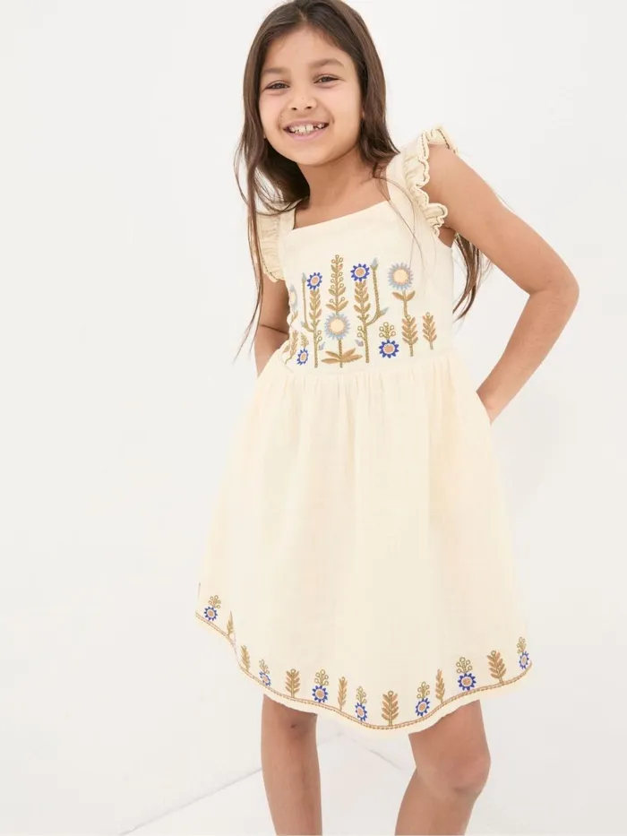 Fat Face Natural Embroidered Strappy Dress Kids Dresses
