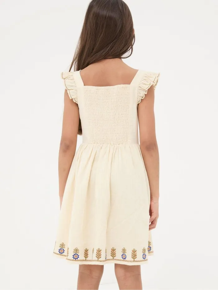 Fat Face Natural Embroidered Strappy Dress Kids Dresses