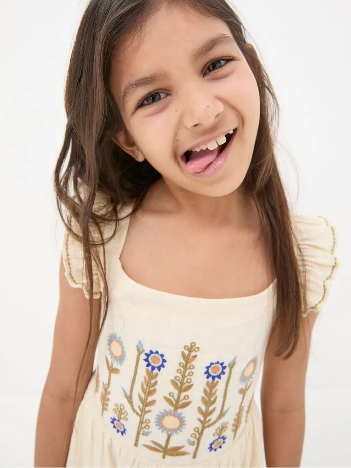 Fat Face Natural Embroidered Strappy Dress Kids Dresses
