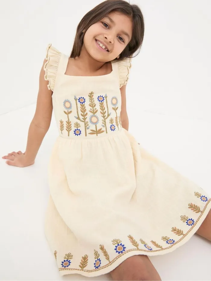 Fat Face Natural Embroidered Strappy Dress Kids Dresses