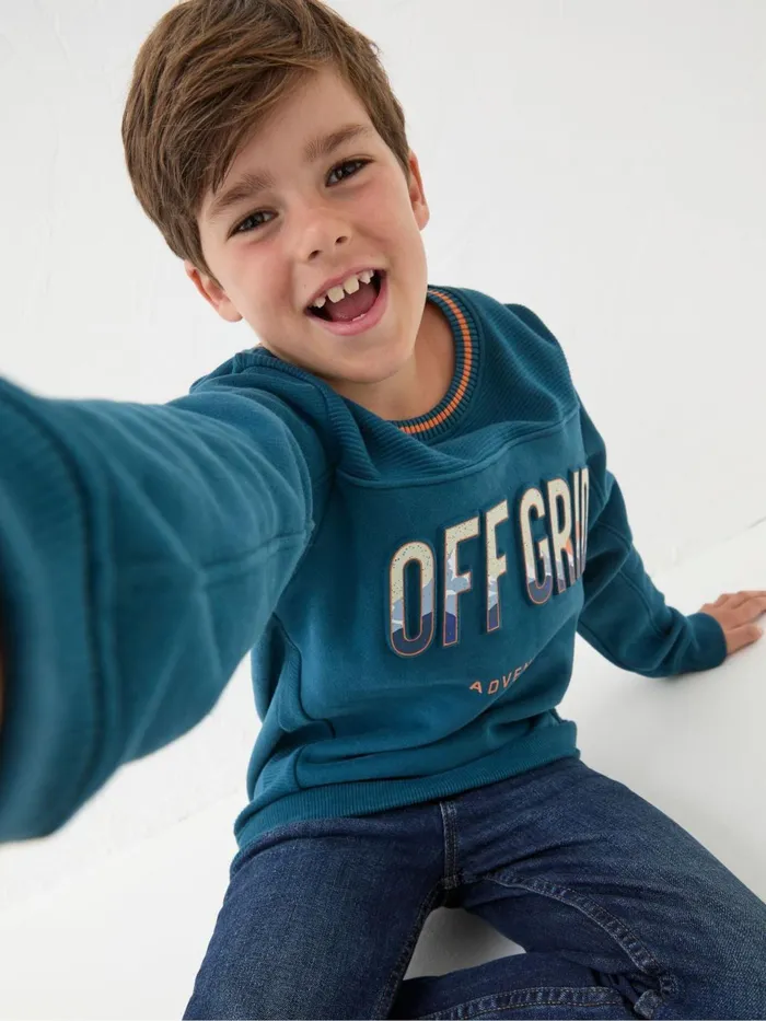 Fat Face Off Grid Crew Sweat Blue Sweatshirt Kids Sweatshirts and Hoodies