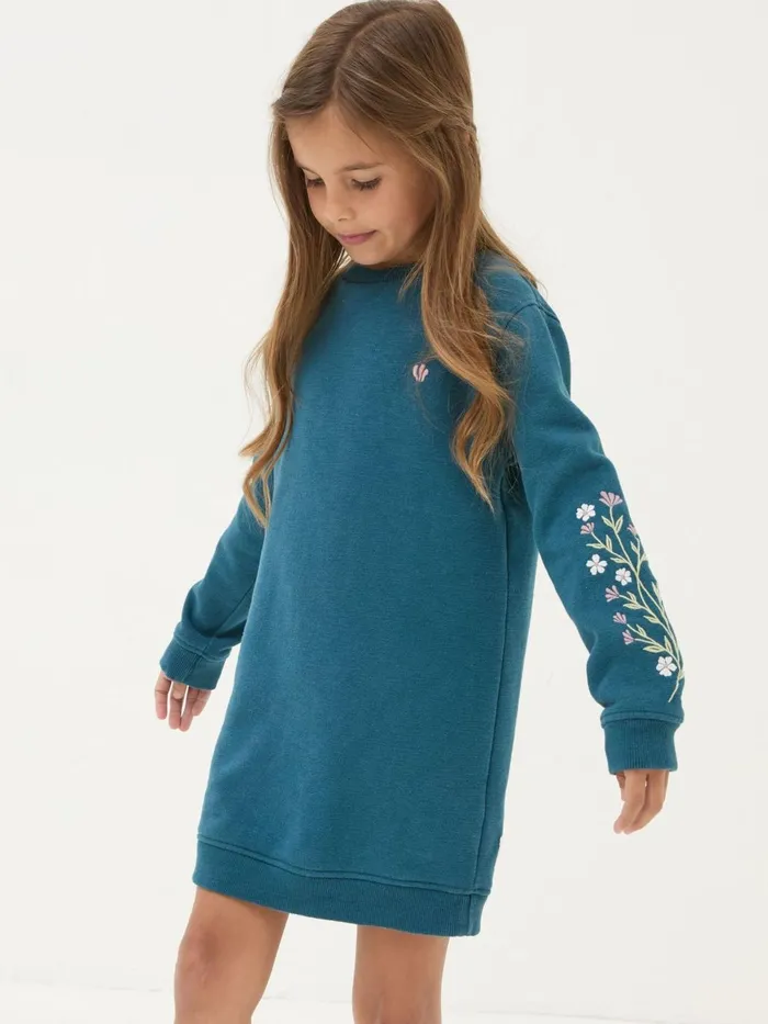 Fat Face Teal Blue Embroidered Sweat Dress Kids Dresses