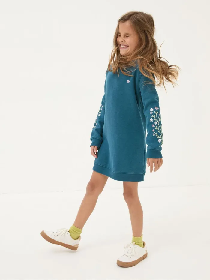 Fat Face Teal Blue Embroidered Sweat Dress Kids Dresses