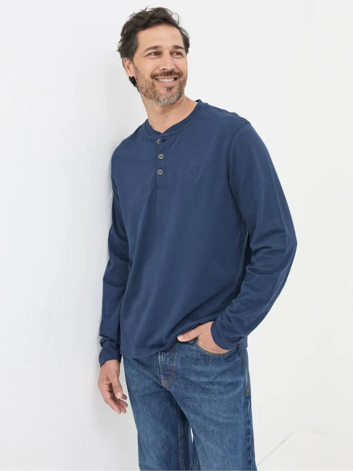 Fat Face Woodside Navy Blue Long Sleeve Henley T Shirt Men TShirts