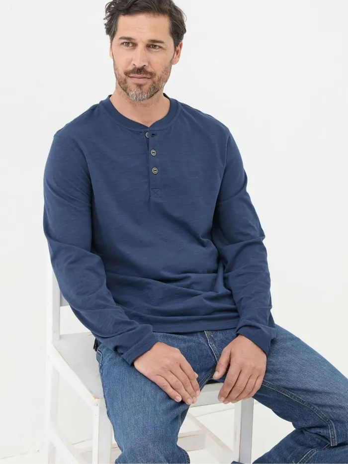 Fat Face Woodside Navy Blue Long Sleeve Henley T Shirt Men TShirts