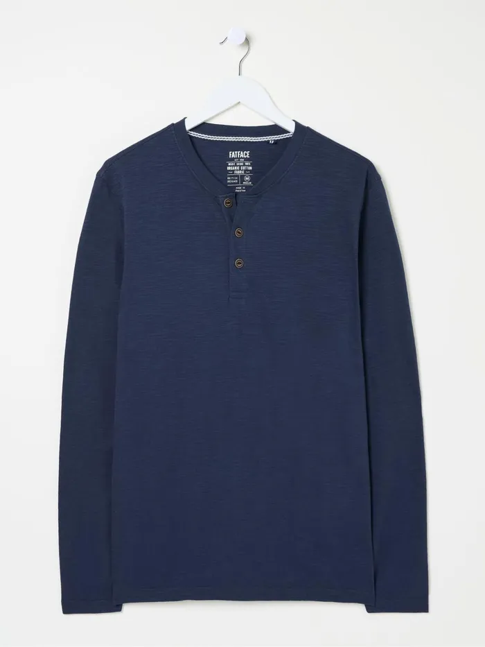 Fat Face Woodside Navy Blue Long Sleeve Henley T Shirt Men TShirts