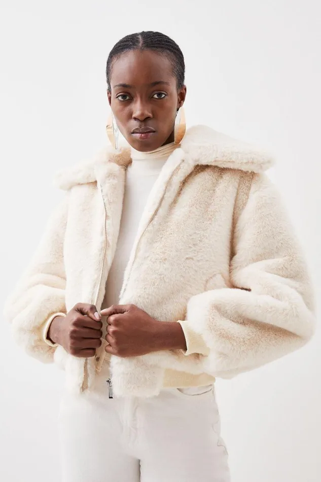 Faux Fur Collared Bomber Jacket Cream Women Karen Millen Coats and Jackets