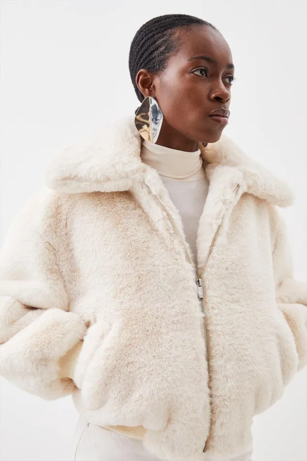 Faux Fur Collared Bomber Jacket Cream Women Karen Millen Coats and Jackets