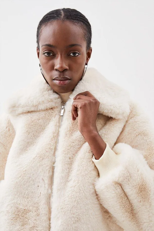 Faux Fur Collared Bomber Jacket Cream Women Karen Millen Coats and Jackets