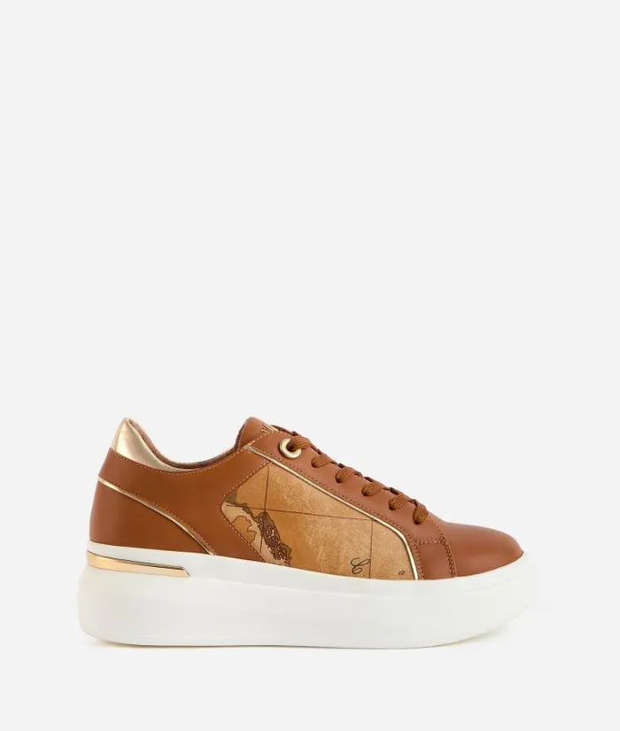 Faux Napa Leather Sneakers With HighFrequency Embossed Logo Leather Brown Woman Alviero Martini Sneakers
