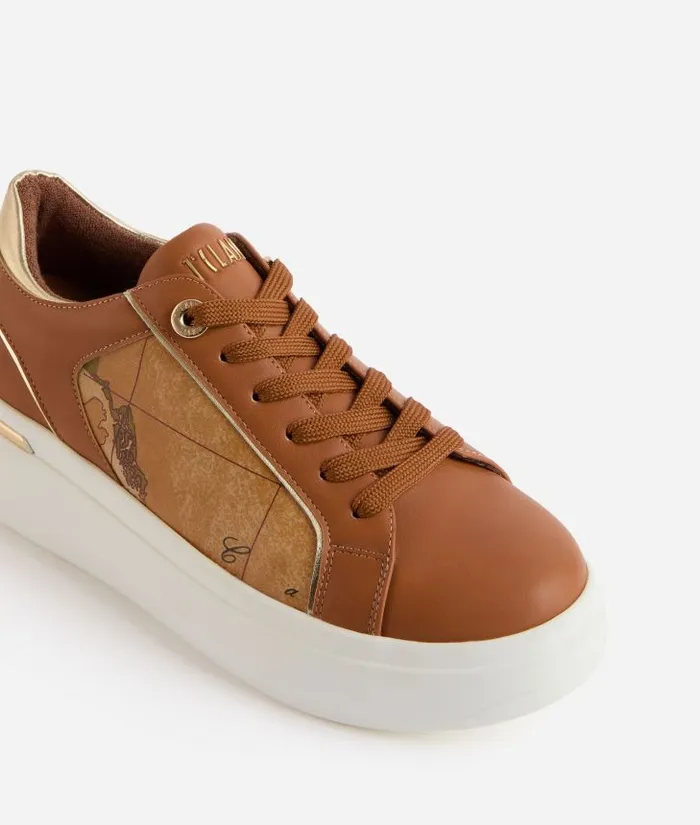 Faux Napa Leather Sneakers With HighFrequency Embossed Logo Leather Brown Woman Alviero Martini Sneakers