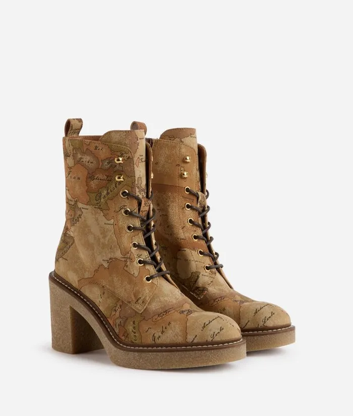 Faux Nubuck Ankle Boots With Geo Classic Print Woman Alviero Martini Boots and Booties