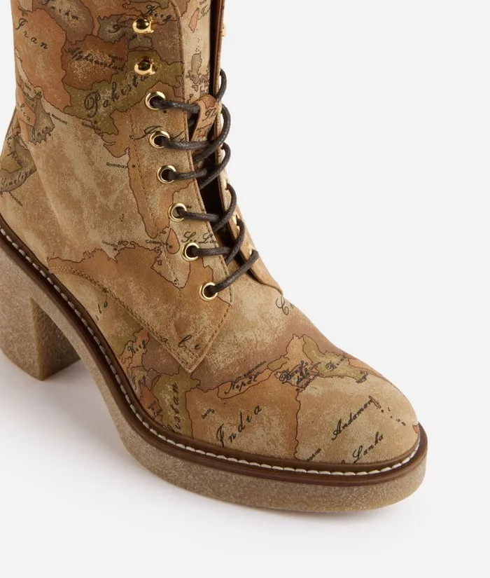 Faux Nubuck Ankle Boots With Geo Classic Print Woman Alviero Martini Boots and Booties