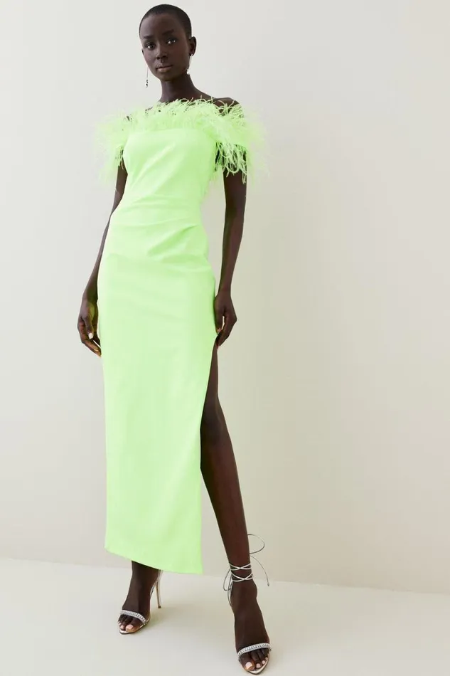 Feather Bardot Stretch Crepe Tailored Maxi Dress Lime Women Karen Millen Dresses