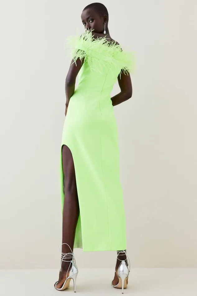 Feather Bardot Stretch Crepe Tailored Maxi Dress Lime Women Karen Millen Dresses