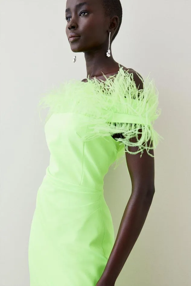 Feather Bardot Stretch Crepe Tailored Maxi Dress Lime Women Karen Millen Dresses