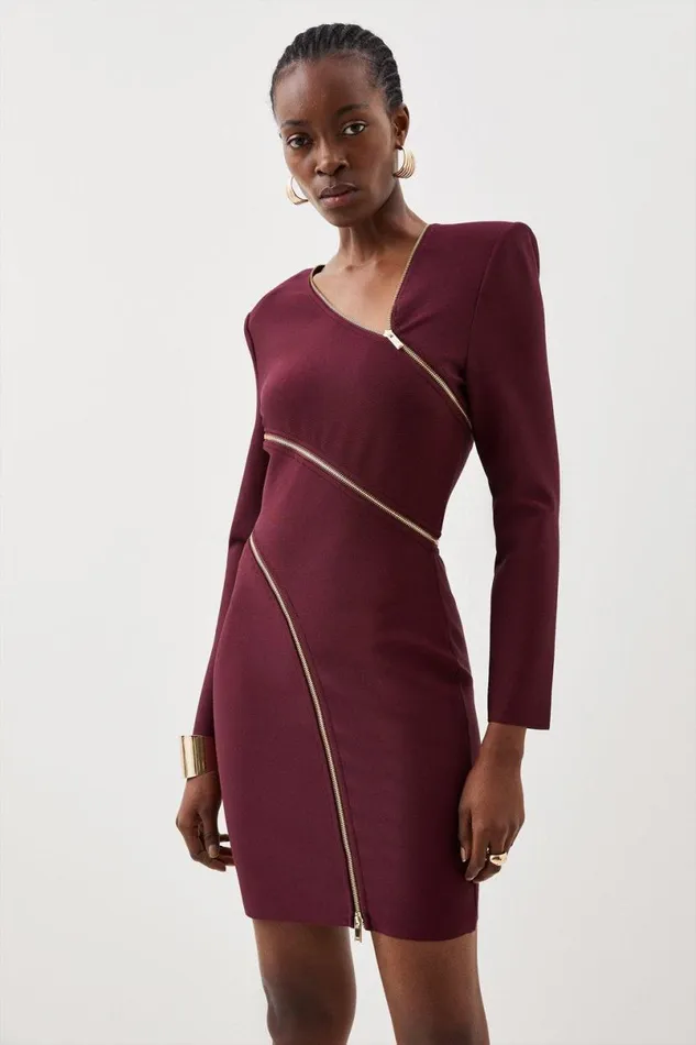 Figure Form Bandage Knit Zip Detail Power Shoulder Mini Dress Burgundy Women Karen Millen Dresses Figure Form Bandage Knit Zip Detail Power Shoulder Mini Dress Burgundy Women Karen Millen Dresses