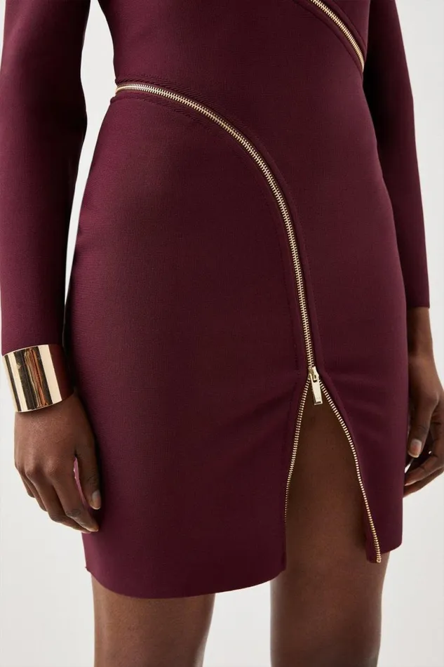 Figure Form Bandage Knit Zip Detail Power Shoulder Mini Dress Burgundy Women Karen Millen Dresses