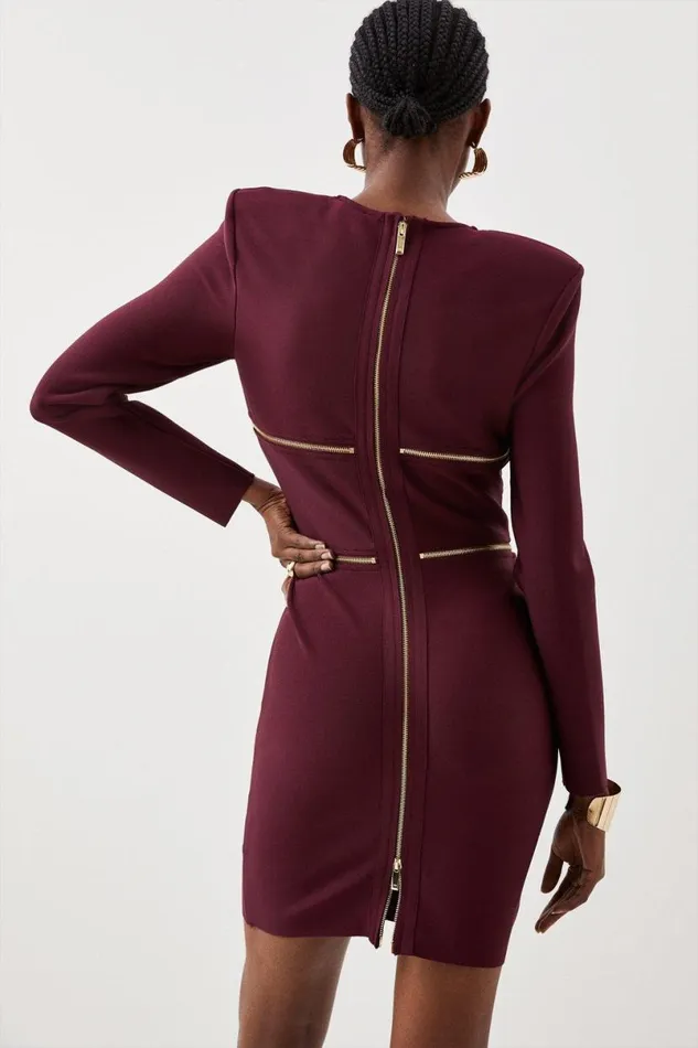 Figure Form Bandage Knit Zip Detail Power Shoulder Mini Dress Burgundy Women Karen Millen Dresses