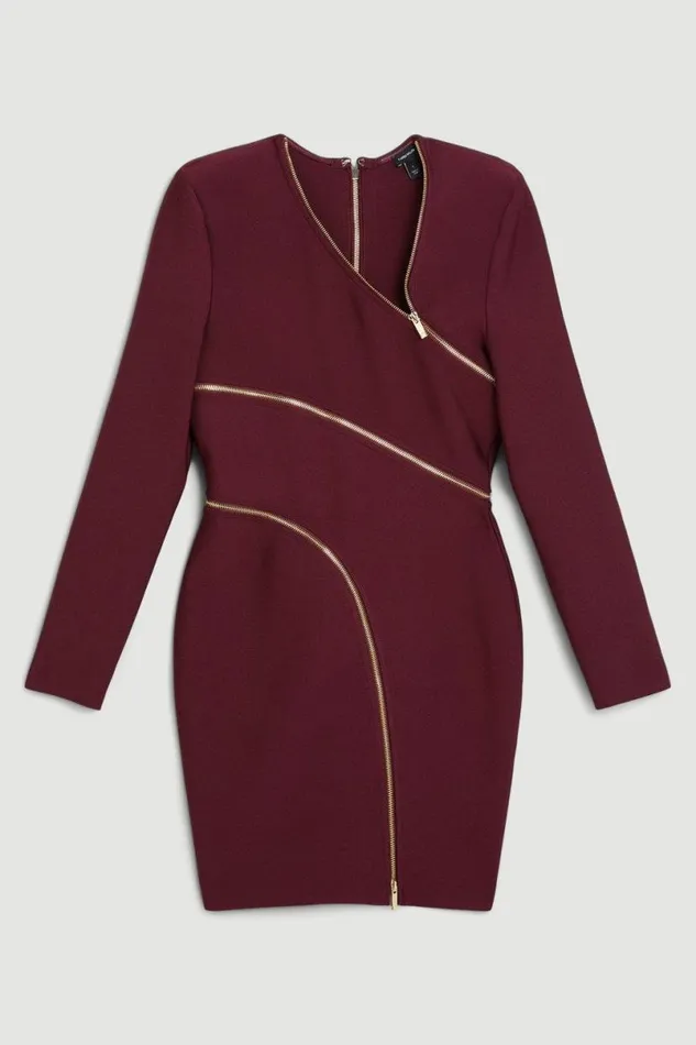 Figure Form Bandage Knit Zip Detail Power Shoulder Mini Dress Burgundy Women Karen Millen Dresses