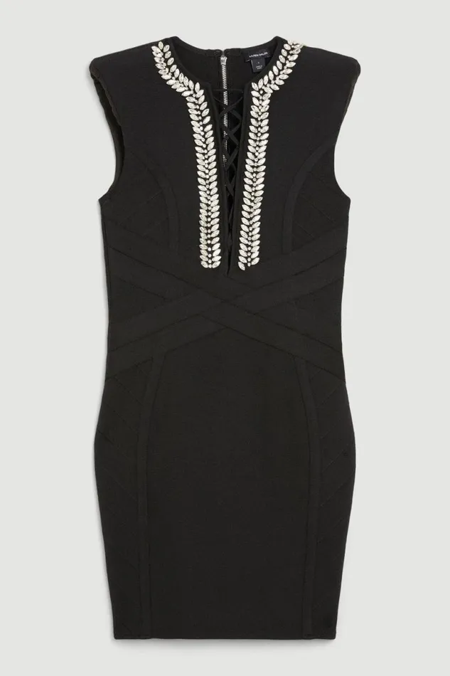 Figure Form Bandage Lace Up Knit Mini Dress Black Women Karen Millen Dresses